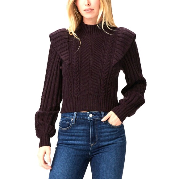 PAIGE Kate Ruffle Women’s Cable Knit Wool Turtleneck Sweater size L Black Cherry - Picture 1 of 7